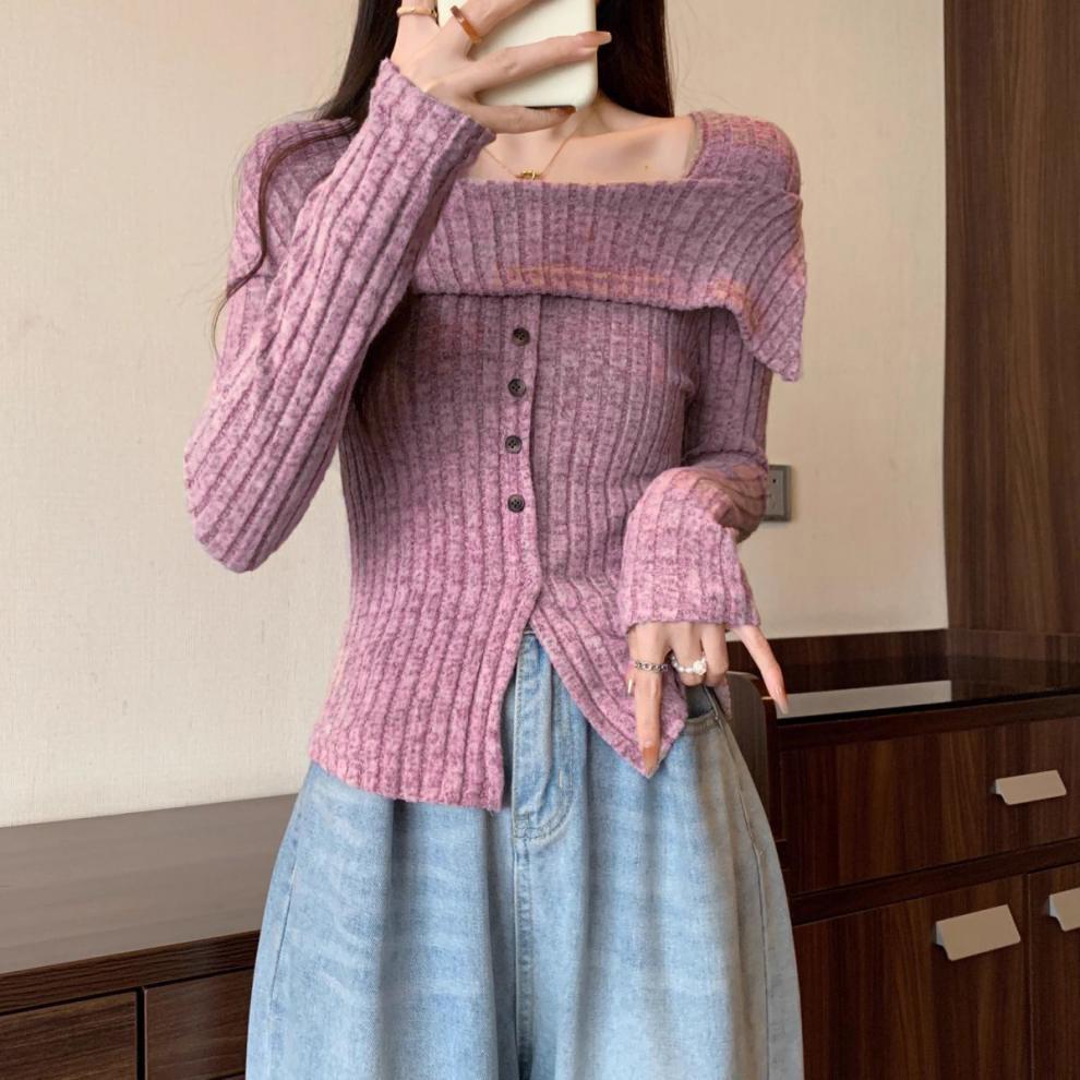 Spring Women's Square Neck Long Sleeve Solid Color Knit Single Breasted Blouse