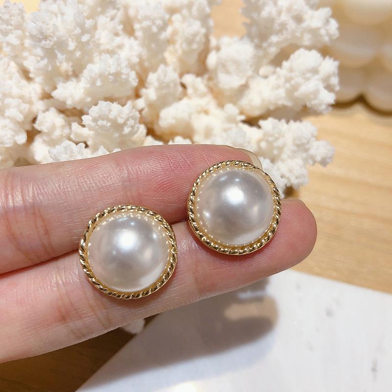 New Vintage Round Marble Opal Stone Big Stud Earrings Women Fashion Temperament Ear Stud Circle Pearls Stone Jewelry