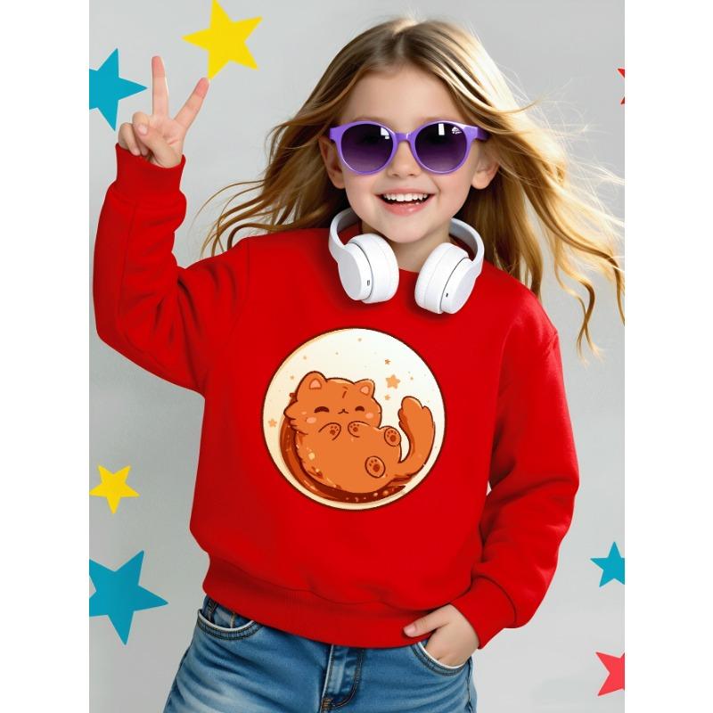 European sizes Kids' Sweatshirts, Girls' Autumn Winter Cute Cat Starry Background Print Long Sleeve Round Neck Sweatshirt, Casual Daily Wear.