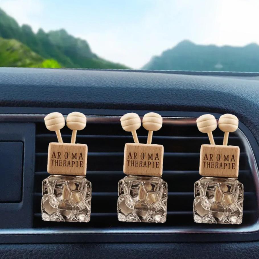 0.27oz Water Cube Air Outlet Perfume Empty Bottle Car Glass Diffuser Bottle Wooden Cap Freshener With Clip Vehicle Fragrance Dec