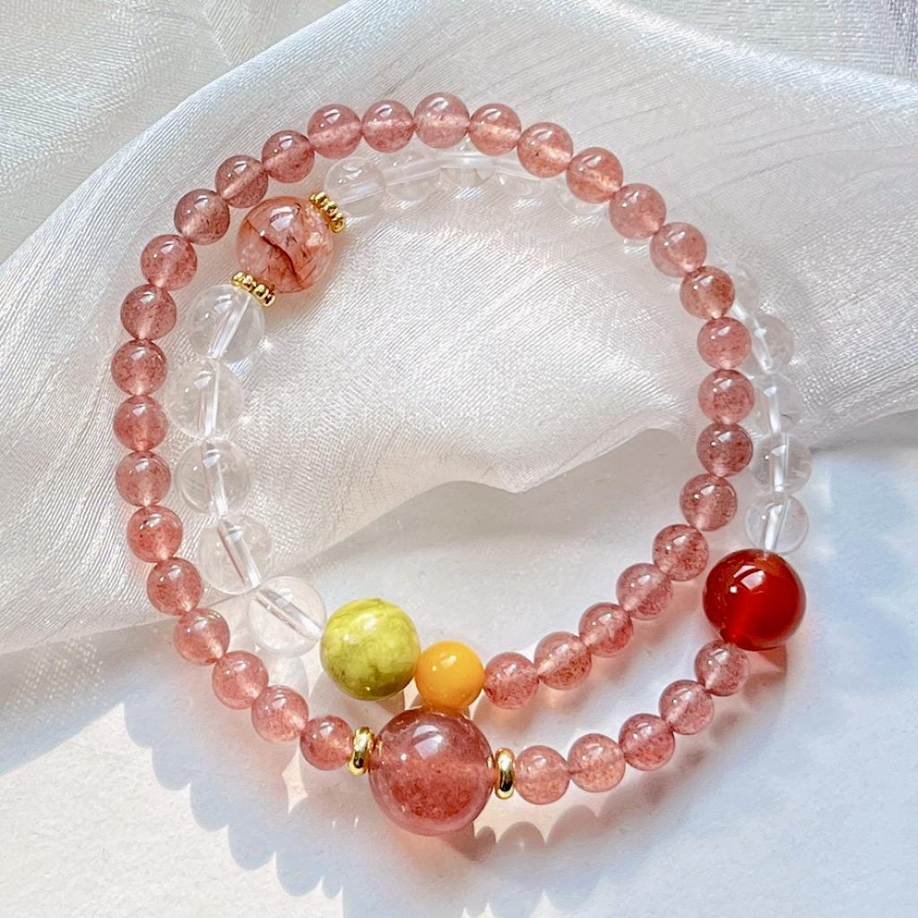6Mm High Quality Retro Natural Strawberry Crystal Tiger Eye Stone Beeswax White Crystal Design Bracelet Bracelet
