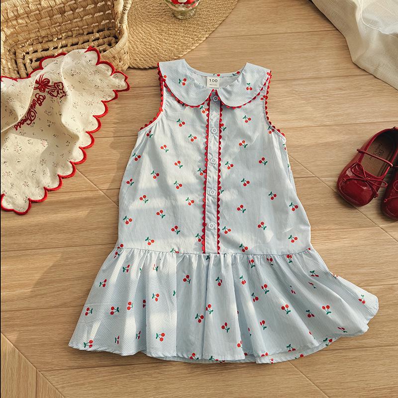 French Cherry Print Dolls Collar Lace Summer Pinafore Dress for Girls