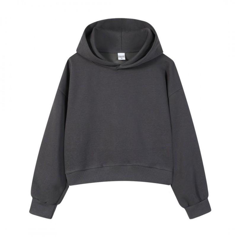 Korean Style Womens Short Hooded Zip-Up Cotton Blend Sweatshirt Loose Fit Winter Casual Top