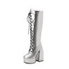 Fashion Silver Knee High Boots Women 14.5cm Thick Heels Glossy Patent Leather Punk Lace-up Comfy Zip Platform Shoes Large Size 48