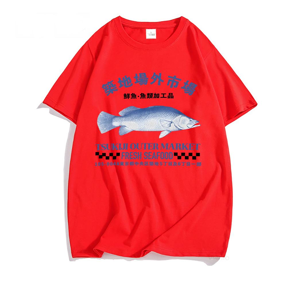 

Japanese Fish Tsukiji Market Fresh Seafood T-shirt Women Men Clothing Casual Summer Short Sleeve Cotton Tshirt Graphic Printing T Shirt XXL червоний