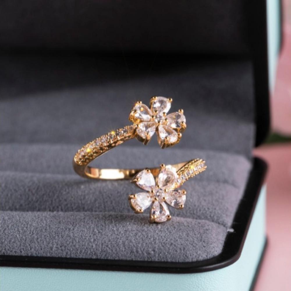 European and American fashion fairy style flower adjustable ring, ladies' fashion elegant water droplet pear shaped zircon open ring