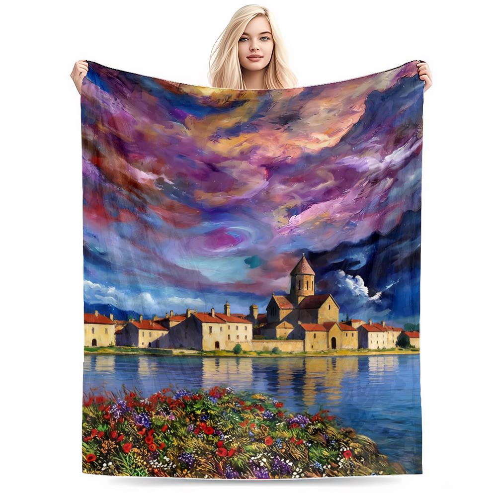 Colorful Landscape blanket with Village, Sky, and Floral Pattern blanket, suitable for use in the bedroom, living room, on the sofa