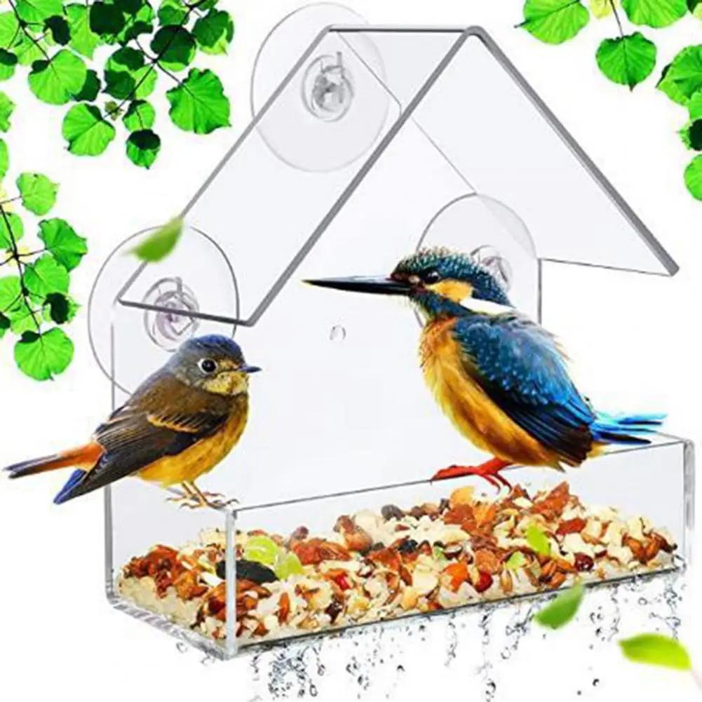 Suction Cup Bird Feeder Transparent Window Bird Feeder Tray Hanging House Shape Pet Feeder Outdoor Garden Bird Food Dispenser