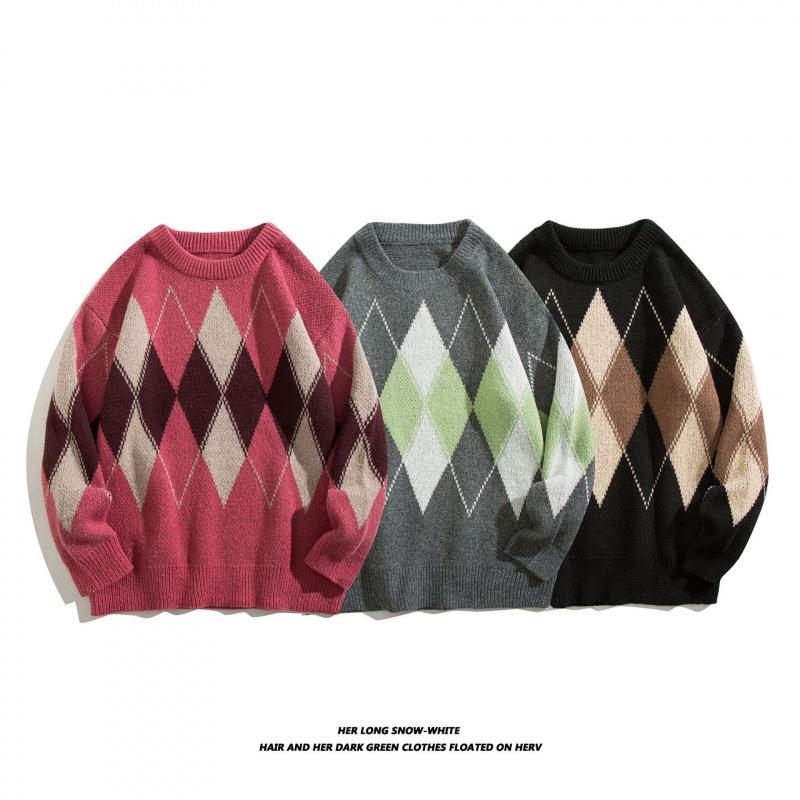 Men's Hong Kong Style Retro Diamond Pattern Loose Knit Sweater - Color Block Pullover & Cardigan for Autumn/Winter.