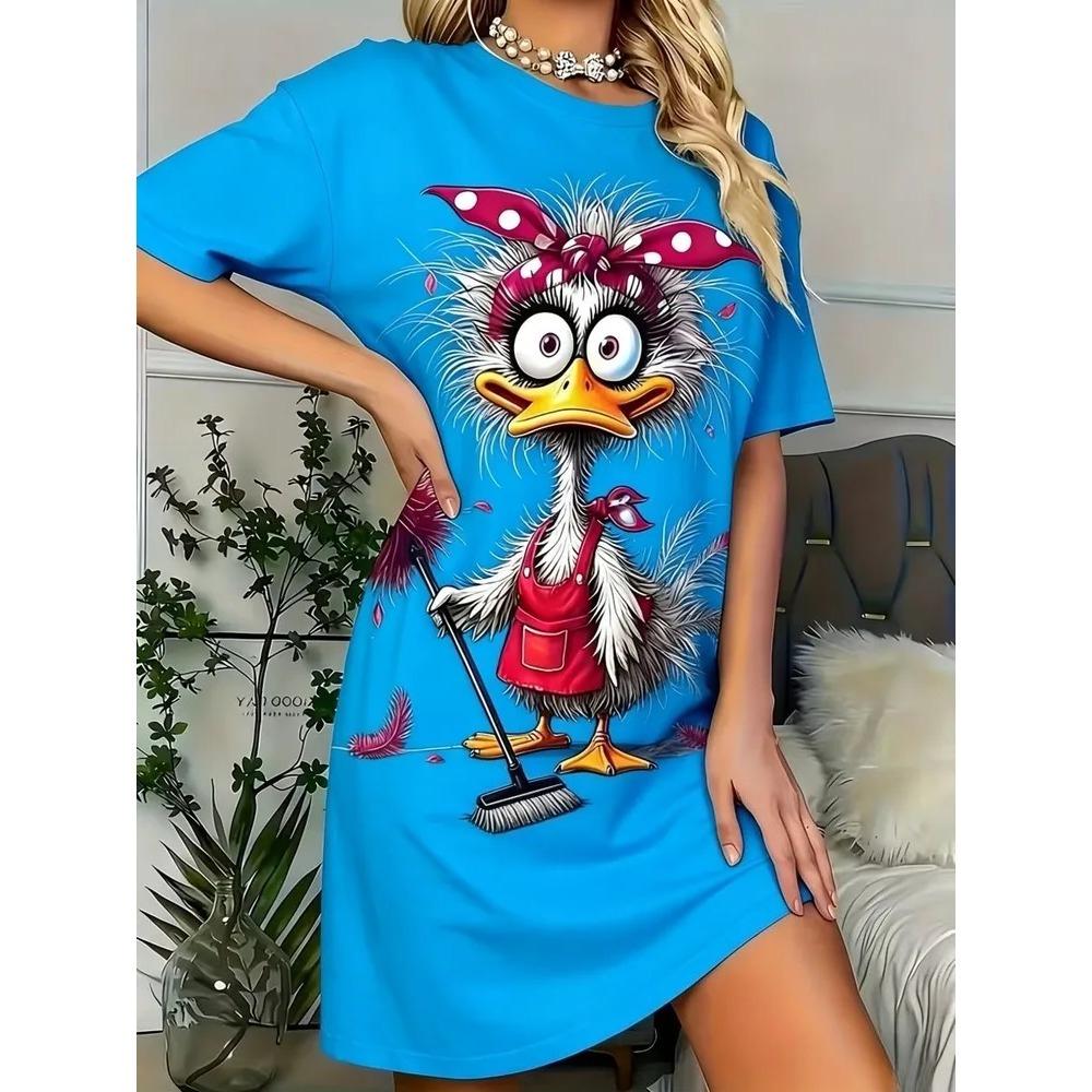 Fun Animal Colorful Patterns Women Mini Dresses Summer Short Sleeve Printed Plus Size Casual Comfortable Soft Dress