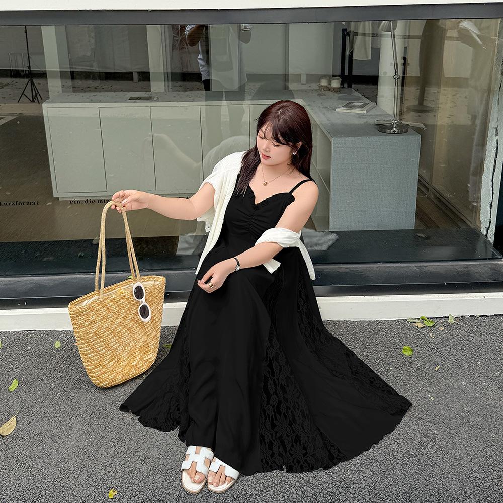 Women's Loose Fit A Line Slip Dress Sleeveless Ruffle Trim Lace Patch Midi Dress