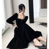 French Square Collar Gold Edge Velvet Dress Women's Spring and Autumn New Retro Hepburn Style Inner with Black Temperament Medium and Long Dress
