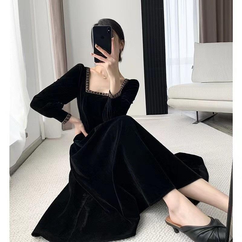 French Square Collar Gold Edge Velvet Dress Women's Spring and Autumn New Retro Hepburn Style Inner with Black Temperament Medium and Long Dress
