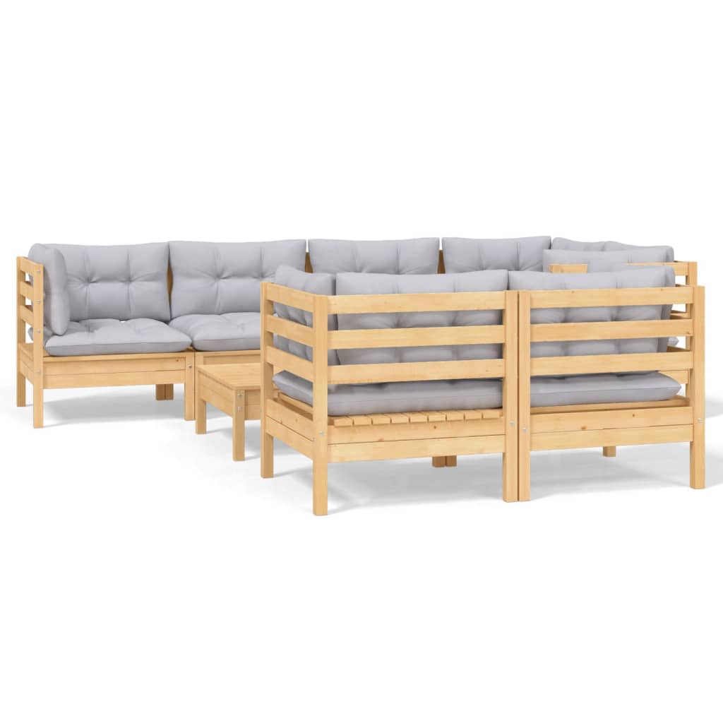 Vidaxl 8-Cz. Garden Lounge Set, Grey Cushions, Pine