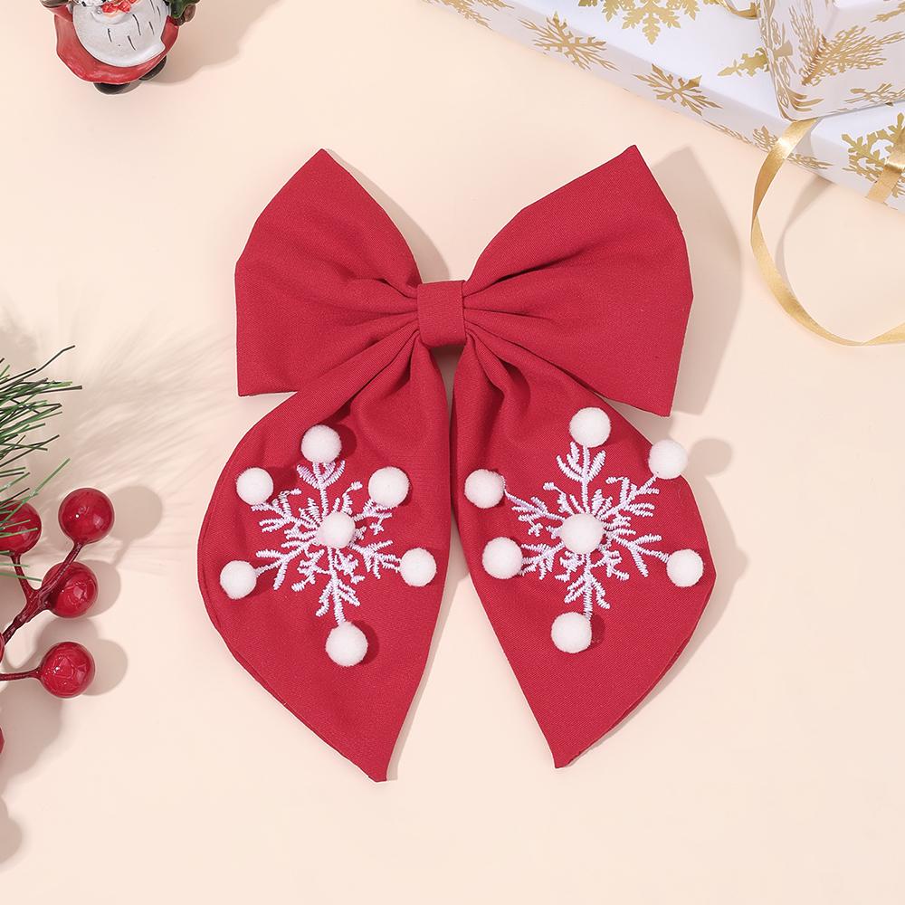 Christmas Red Bow Hair Clip For Girls Snowflake Embroidery Barrette With White Pom-pom Xmas Holiday Party Hair Accessories Gifts