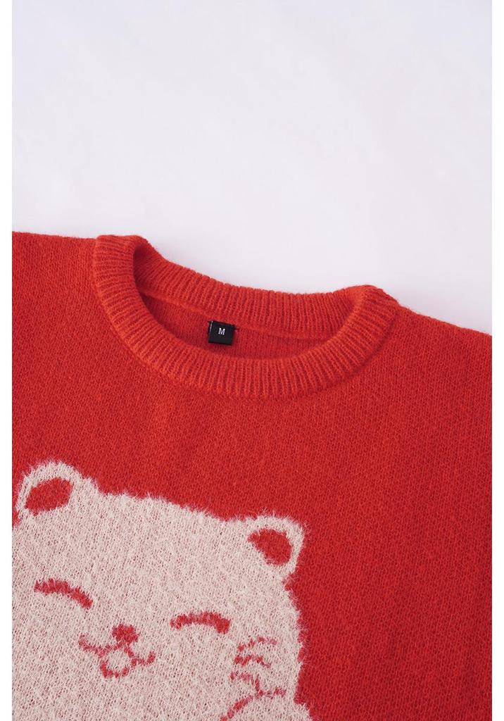 Unisex Jacquard Cat Knit Sweater - Warm Round Neck Base Layer