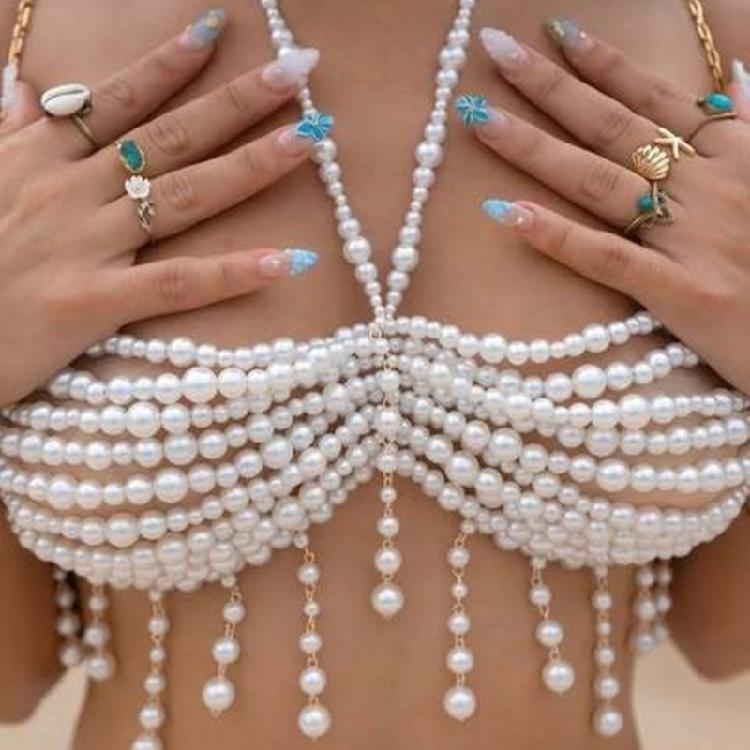 Stylish Pearls Body Necklace Fashionable Waist Chain Bra Chain Portable for Enhancing Curves At Romance Event Wear