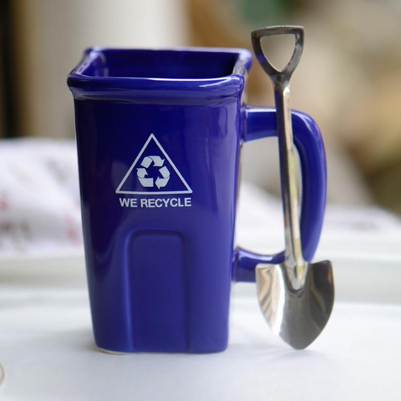Square Trash Can, Ceramic Mug, Green Recyclable Bucket, Water Cup, Creative Strange Coffee Cup with Shovel