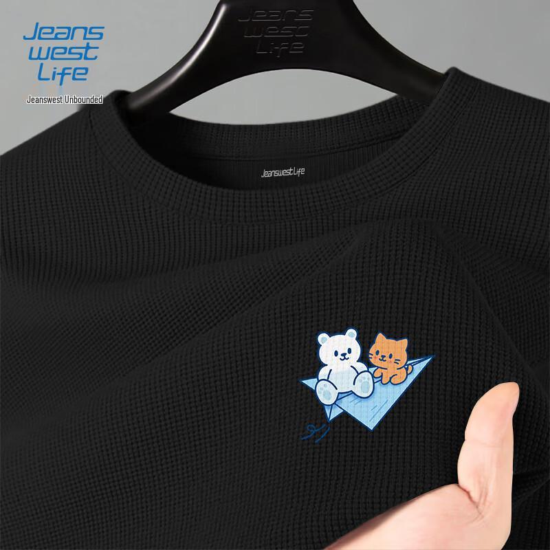 

JEANSWEST LIFE Men s Waffle Knit Crew Neck Long-Sleeve Top with Bear & Cat Graphic XL