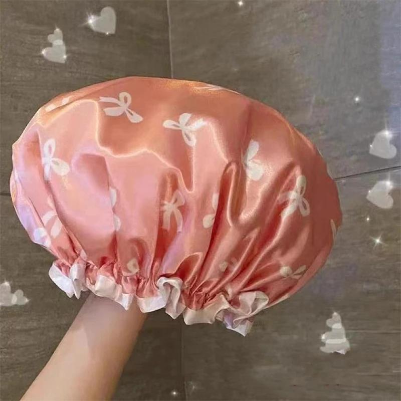 1PC Double Layer Shower Cap Waterproof Reusable Printed Bath Hair Bonnet for Women Ladies Spa Salon Home Travel Use