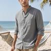 Solid-colour men's shirt Casual cardigan with stand-up collar Loose-fitting linen shirt Retro-inspired men's casual shirt