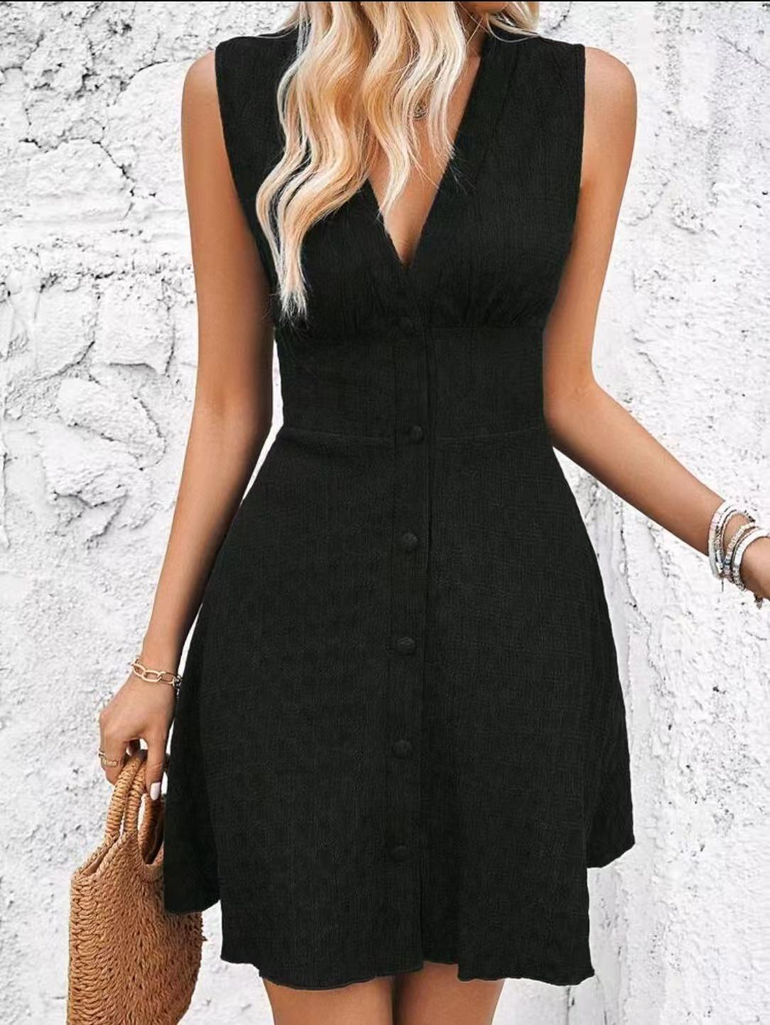 2026 European and American new fashion V-neck slim-fitting and thin European and American style waist dress S чёрный