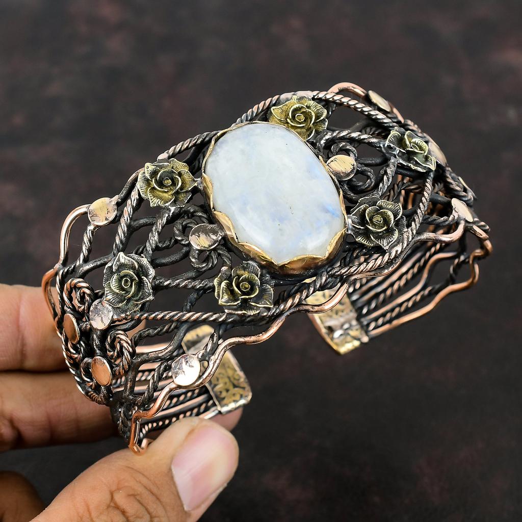 Rainbow Moonstone Cuff Bracelet Copper Wire Wrapped Bangle Gemstone Copper Jewelry Adjustable Bangle Handmade Designer Bangle Gift For Women