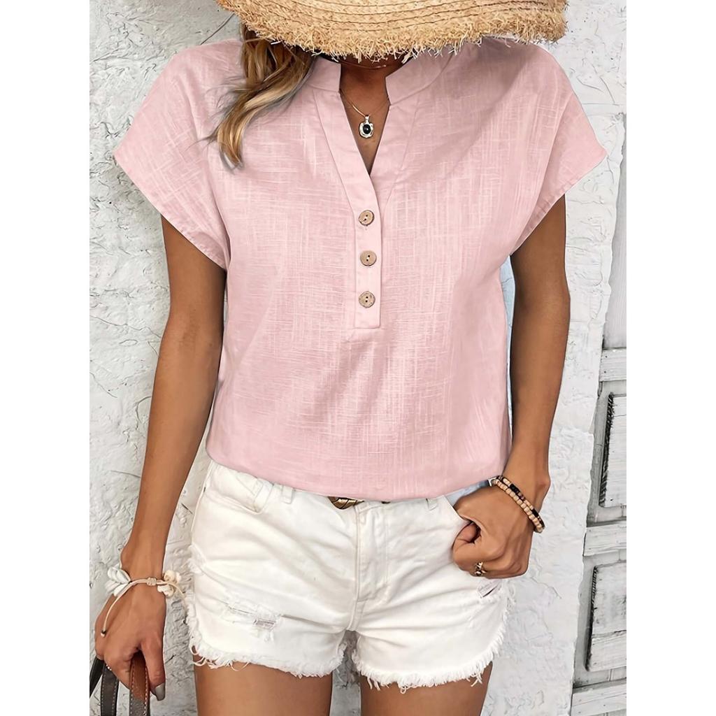 New Retro Cotton Linen Women's Casual Shirt, V-neck Button Short Sleeve Solid Color Top For European American Crossborder