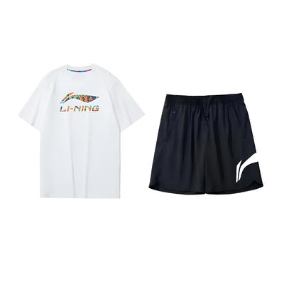 Li Ning Logo Buchstaben Rundhals Atmungsaktiv Vielseitig Locker Kurzarm T-Shirt Mid Waist Shorts Lässiges Sportset Unisex Sets AHSS549-2+YKSV197-2