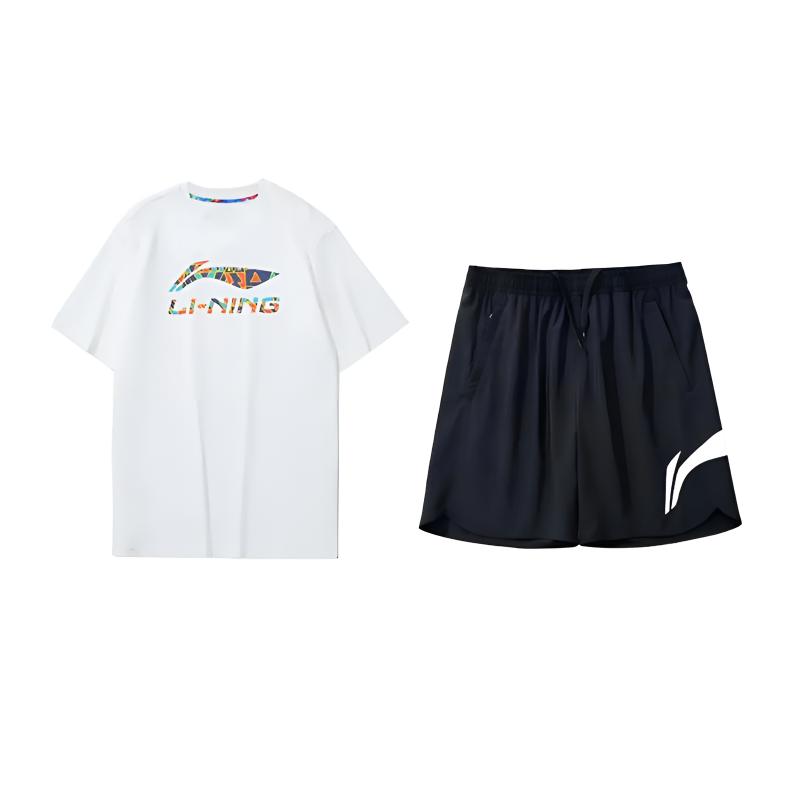Li Ning Logo Letter Round Neck Breathable Versatile Loose Short Sleeve T-Shirt Mid Waist Shorts Casual Sports Set Unisex sets AHSS549-2+YKSV197-2