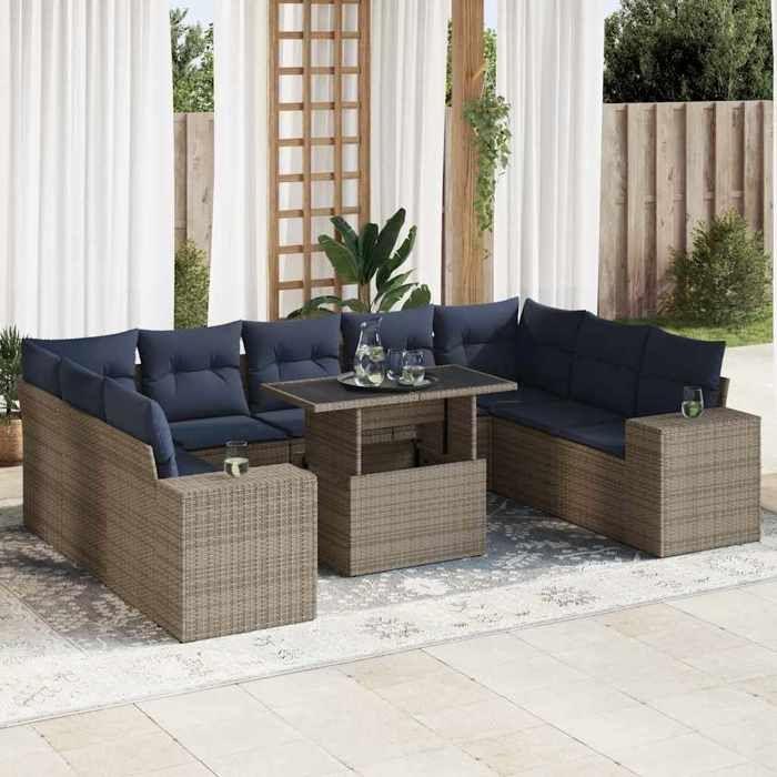 VidaXL Salon de jardin avec coussins 14 pcs gris résine tressée acacia, ensemble de canapés d'extérieur, salon de jardin 3326862