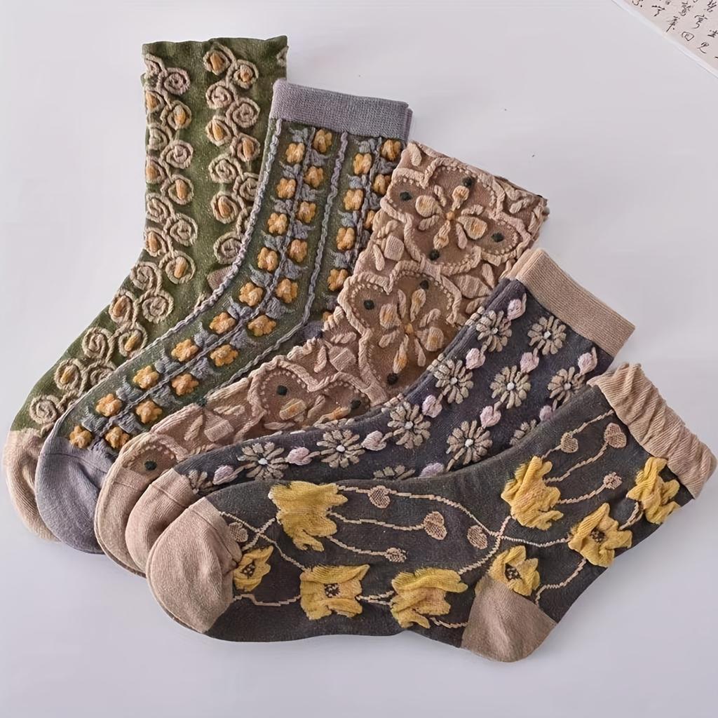 5 Pairs Women's 3D Floral Texture Socks, Elegant Mid-Calf Retro Court Style Full Set