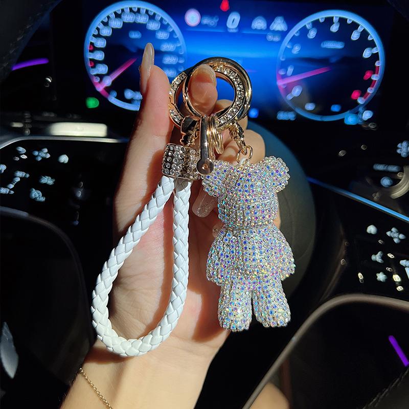 Fashionable Diamond Bear Car Keychain Creative with Rope Keychain Creative Bag Pendant Gift