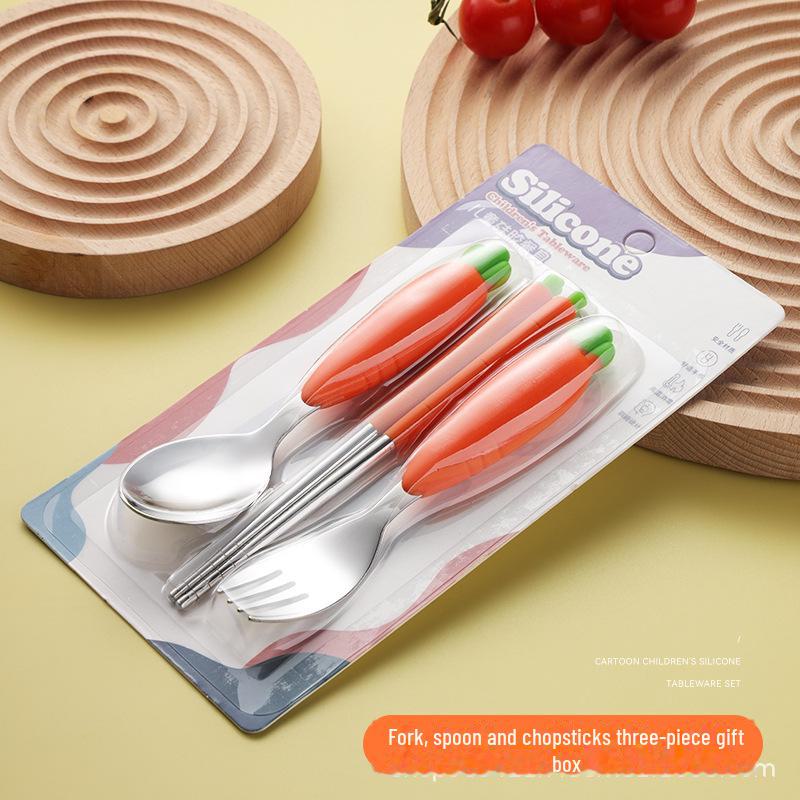Carrot-Themed Silicone & 304 Stainless Steel Kids' Tableware Set: Spoon, Fork, and Chopsticks for Baby Food