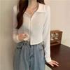 Women's Turn Down Collar Short Sleeve Blouse Loose Fit Cropped Zip Front Solid Color Korean Casual Summer Crop Shirt Top