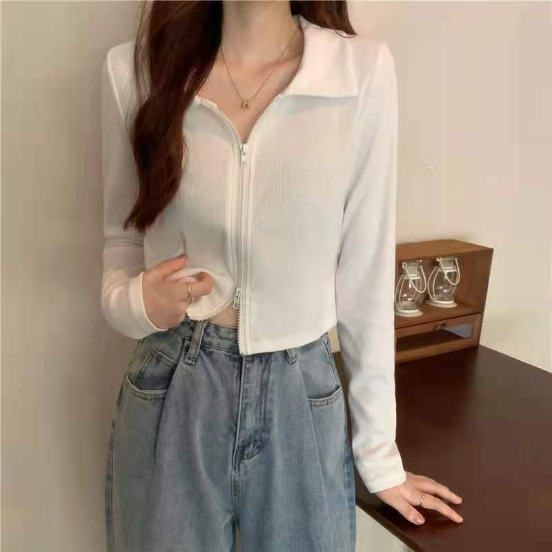 Women's Turn Down Collar Short Sleeve Blouse Loose Fit Cropped Zip Front Solid Color Korean Casual Summer Crop Shirt Top