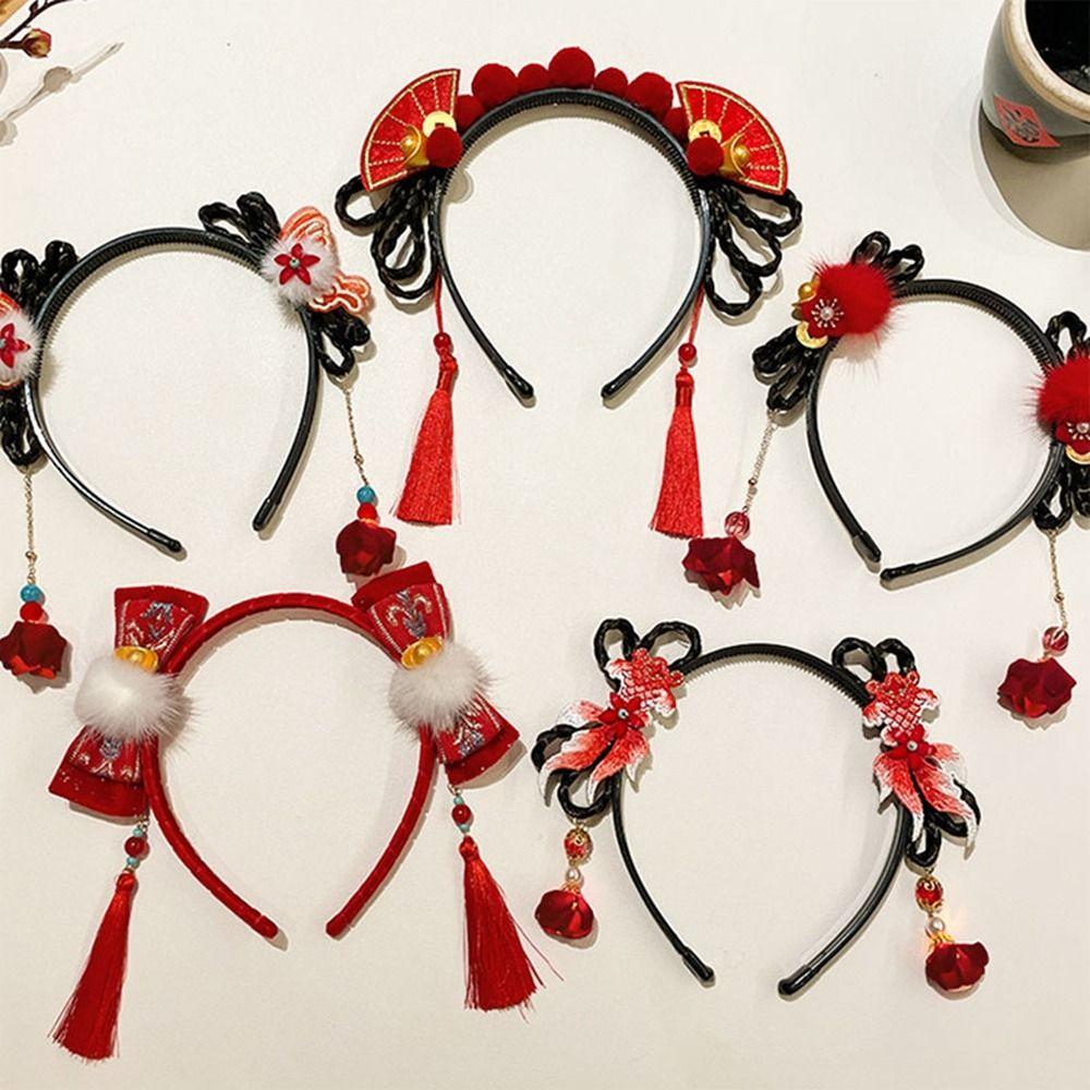 Braid Hair Children Wig Headband Flower Red Bow Hairband Simple Hanfu Hair Sticks  Baby