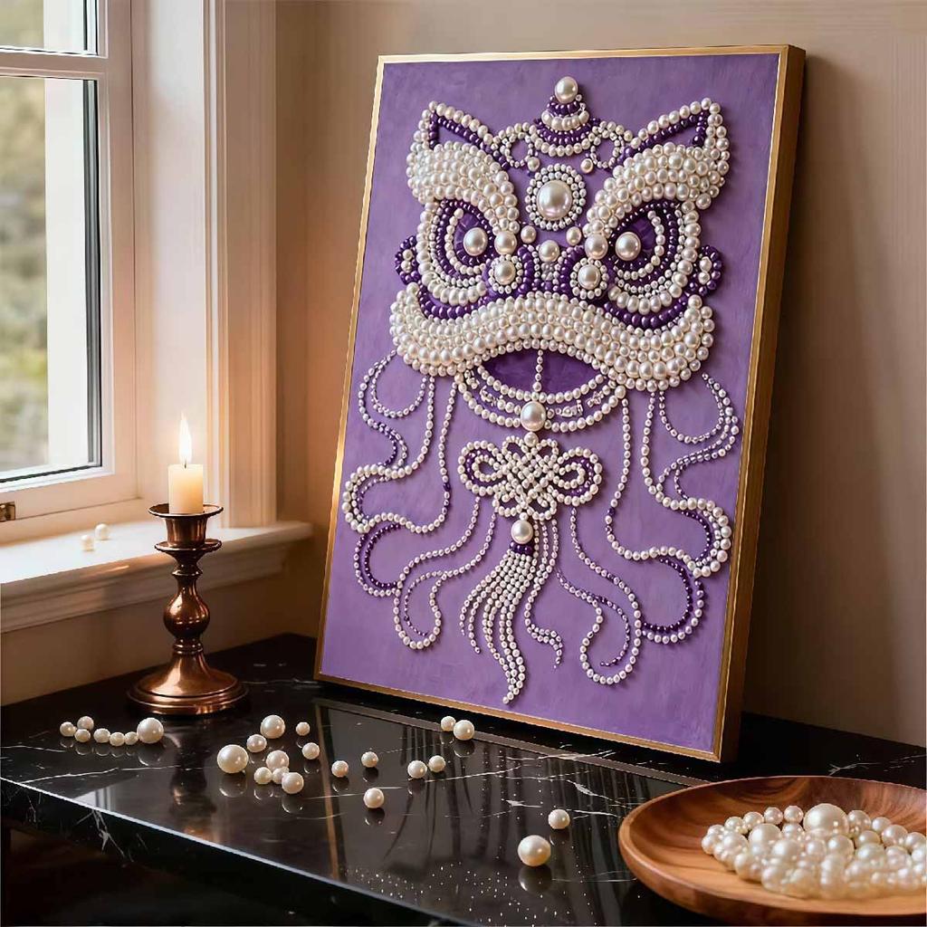 Crystal Pearl Painting 5D DIY Frame Decoration Painting Lion Dance Home Wall Decoration Transparent Pearl Gemstone Painting Picture Art Crafts