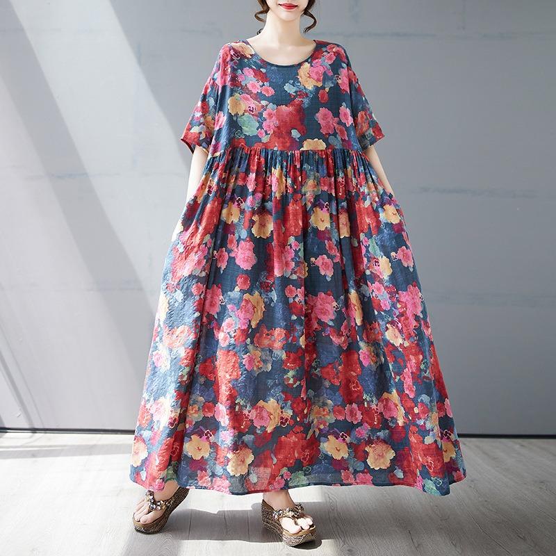 Summer New Simple Bohemian Long Dress Fattened and Enlarged Short-sleeved Crew Neck Printed Dress Women's Clothing