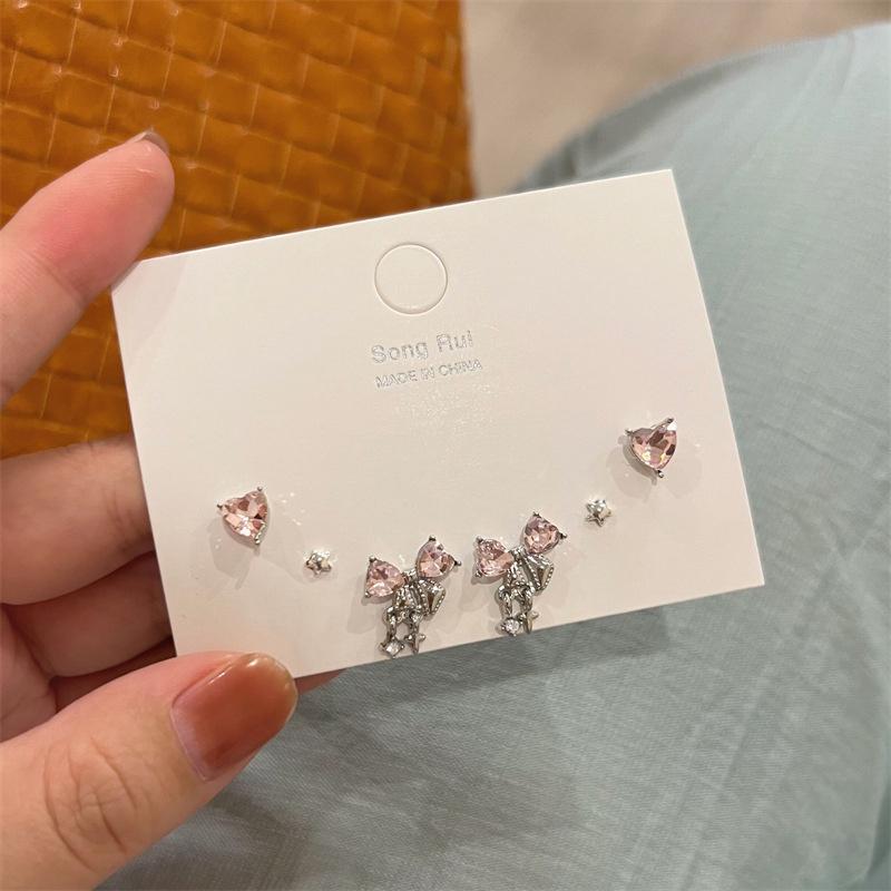 1Set Y2K Bowknot Heart Zircon Stud Earrings For Women Girls Silver Color Exquisite Earrings Set Trendy Jewelry Party Gifts