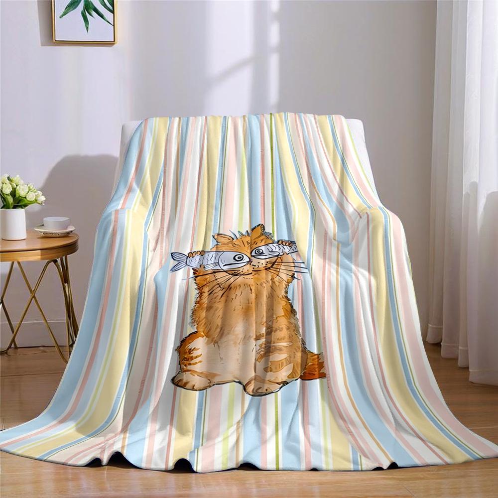 Cat With Fish Flannel Blanket Warm Soft Halloween Christmas Couch Warm Cozy Decorative Decor Gift For All Season