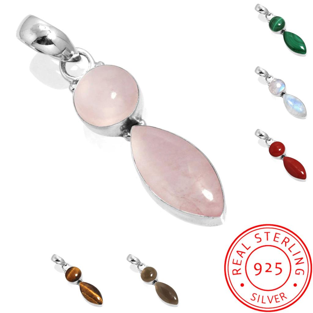 925 Sterling Silver Pendant Women Gemstone Handmade Jewelry Birthday Gift Malachite Moonstone Rose Quartz Red Stone Smoky Topaz Tiger Eye Cocktail