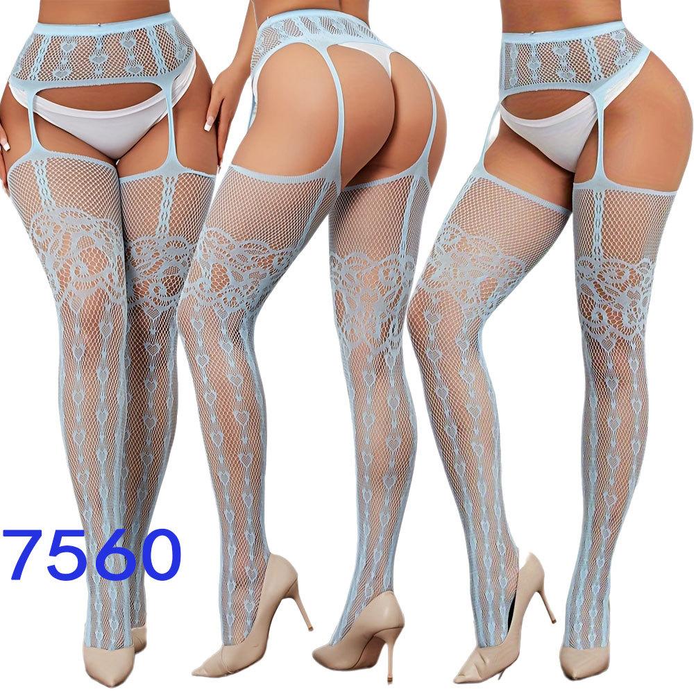 New style open crotch lace transparent suspender black silk sexy fishnet stockings non-slip one-piece suspender belt for women