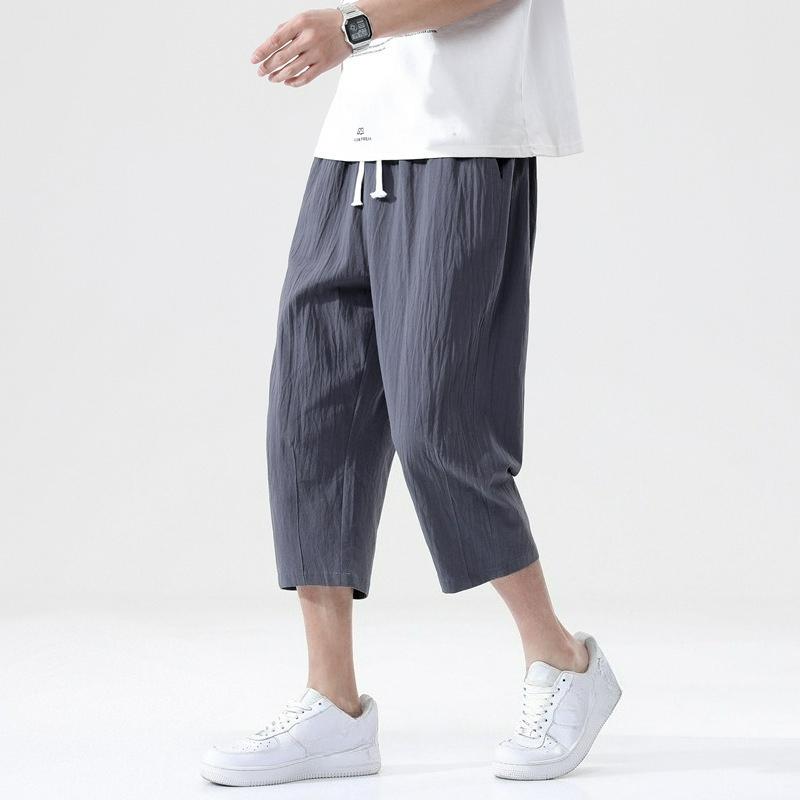 Cropped Pants Trendy Men s Casual Pants Men s Summer Thin Loose Men s Large Size Cotton and Linen Men s Clothing S темно-серого