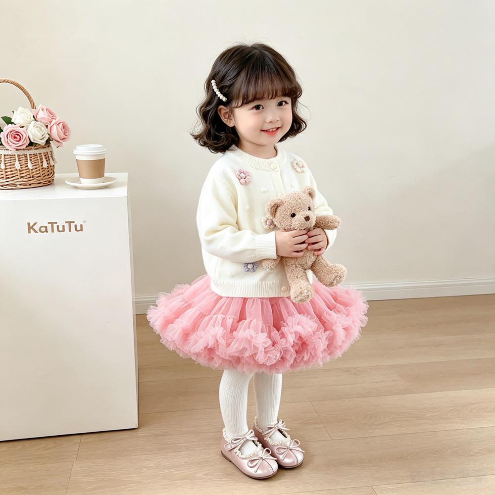 Girls' Spring & Autumn Lace Cardigan and Mesh Skirt Set