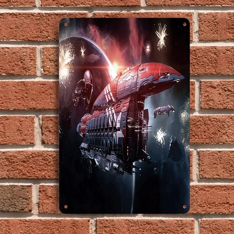 

1 piece of spaceship interstellar war themed tin plaque, sci-fi fan bedroom/study wall decoration, retro industrial style metal (as the picture,20x30cm)