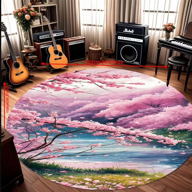 Pink Cherry Blossom Lake Scenery Round Rug Flannel Nature Landscape Floor Mat Spring Season Decor Bedroom Meditation Space Calm