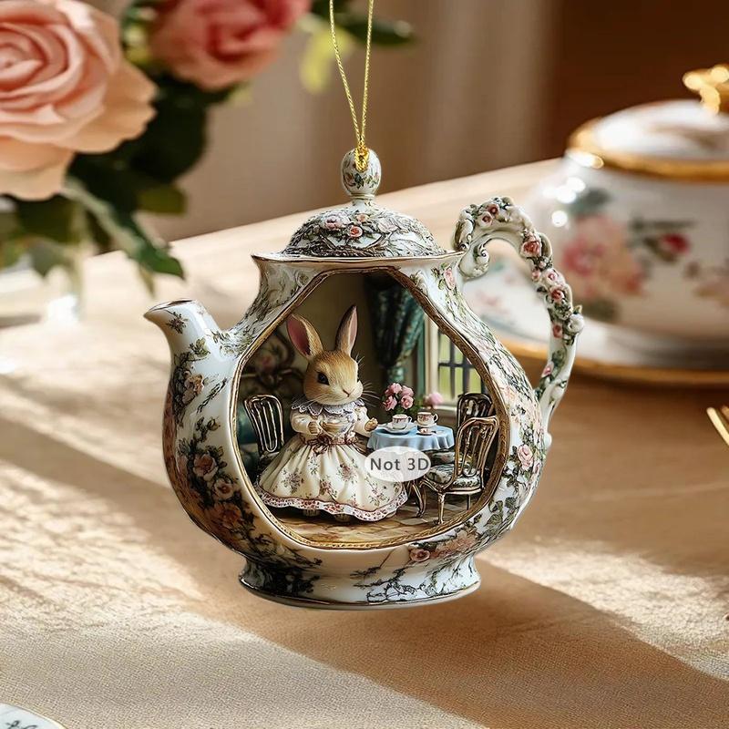 2D Flat Delightful Easter Rabbit in Teacup Acrylic Desktop Decoration, Home Decor Plaque Hanging Wall Art Decorative Garden Decoration for Room Door S