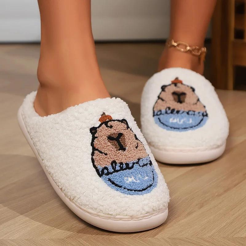 Fashion Winter Cartoon Animal Warm Fluffy Slippers Women Closed Toe Thick Plush Slides Woman Indoor Flat Heel Non-Slip Cotton Shoes
