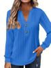 Women Long Sleeve Henley Tunic Top Solid Ribbed Knit V Neck Button Casual Loose Blouse Shirt